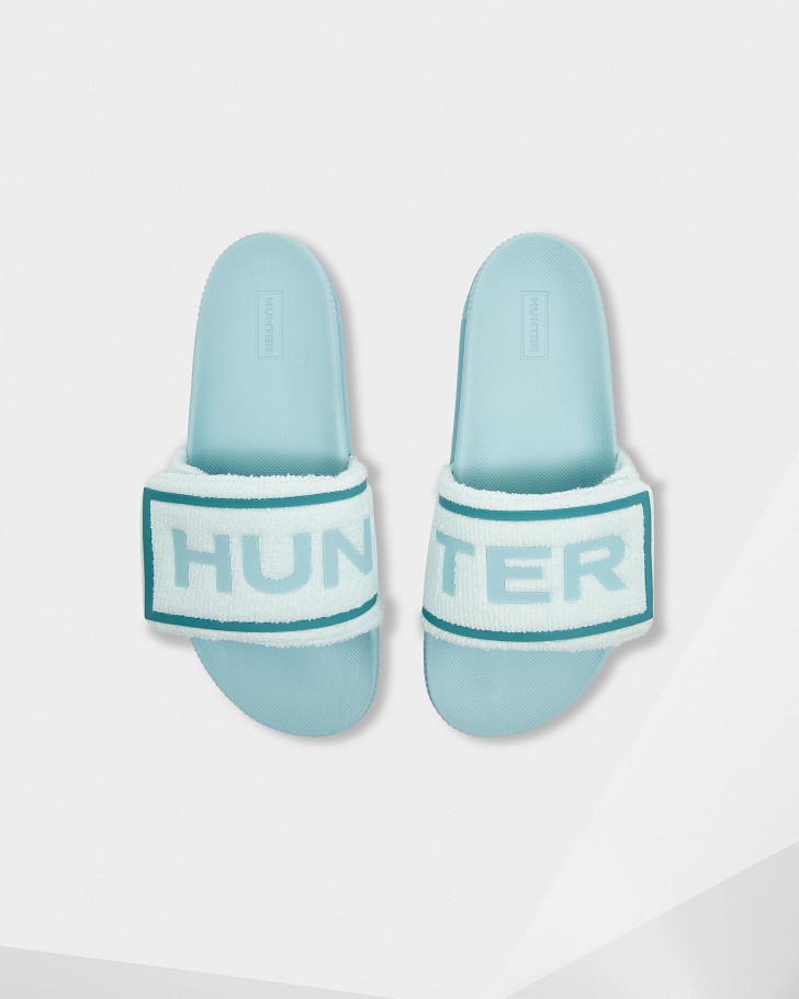 Hunter Women's Terry Towelling Logo Adjustable Slides Spearmint-Eucalyptus Blue