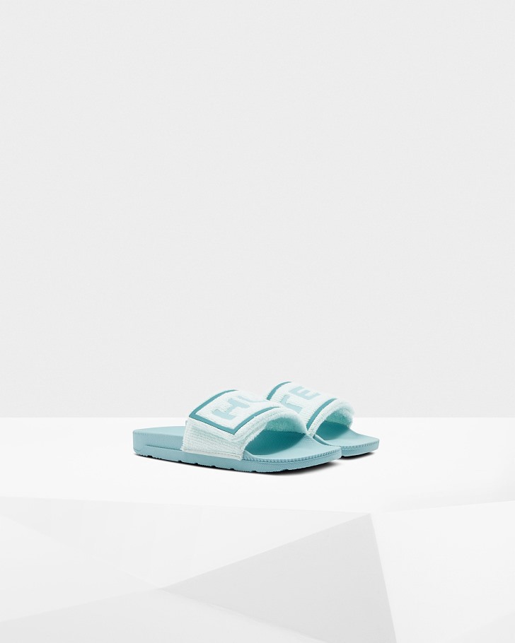 Hunter Women's Terry Towelling Logo Adjustable Slides Spearmint-Eucalyptus Blue
