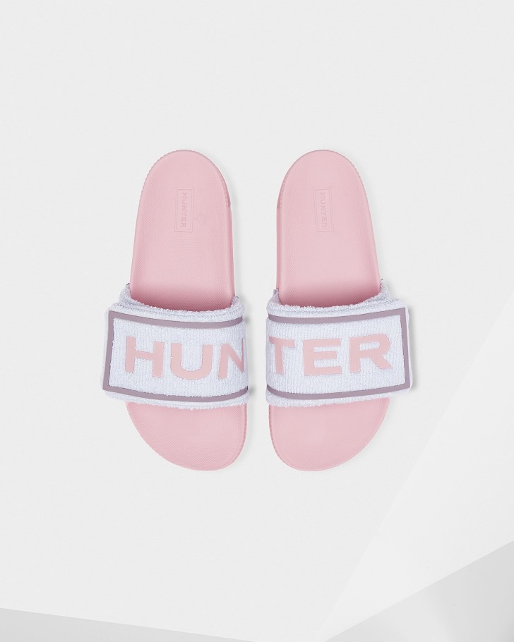 Hunter Women's Terry Towelling Logo Adjustable Slides Arctic Iris Blue-Foxglove Pink