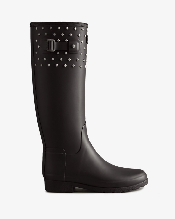 Hunter Women's Refined Slim Fit Tall Stud Cuff Rain Boots Black
