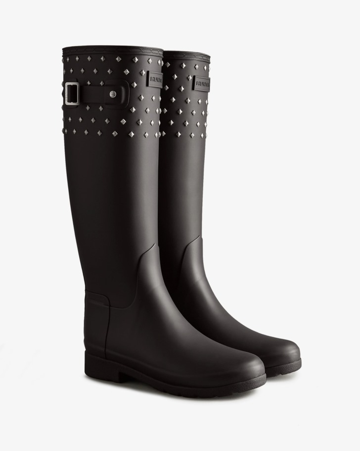 Hunter Women's Refined Slim Fit Tall Stud Cuff Rain Boots Black