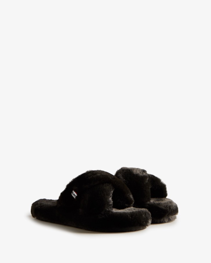 Hunter Women's Faux Fur Flatform Crossover Slide Black