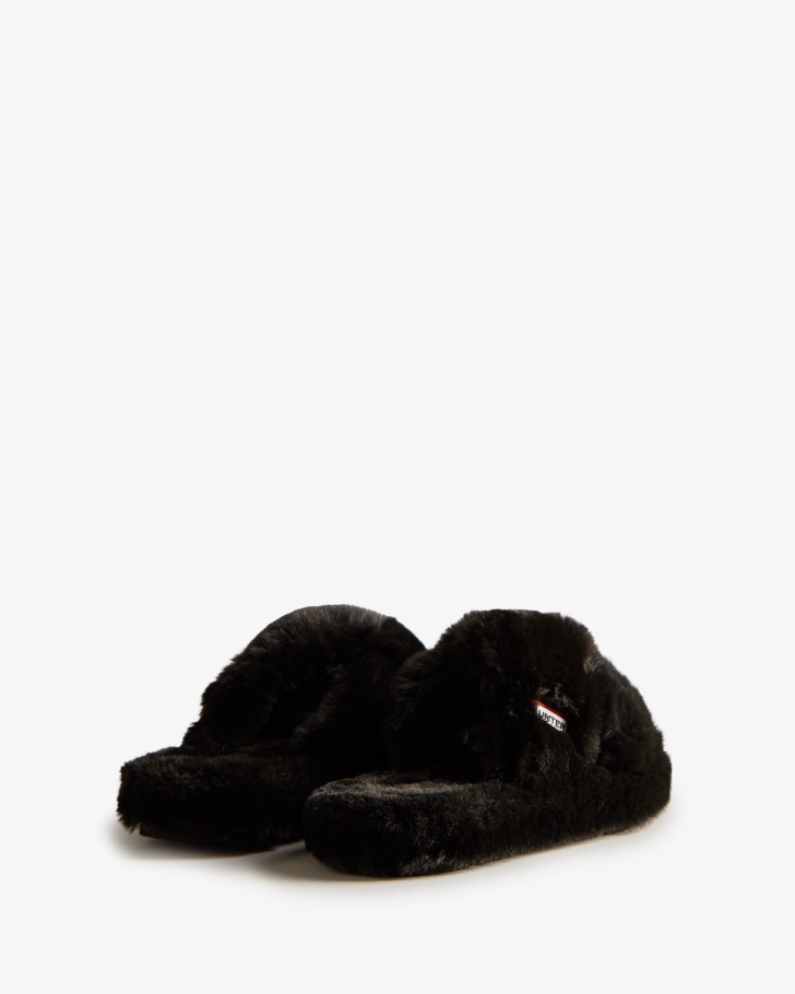 Hunter Women's Faux Fur Flatform Crossover Slide Black