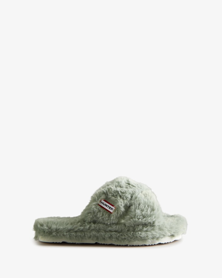 Hunter Women's Faux Fur Flatform Crossover Slide Sweet Gale Green