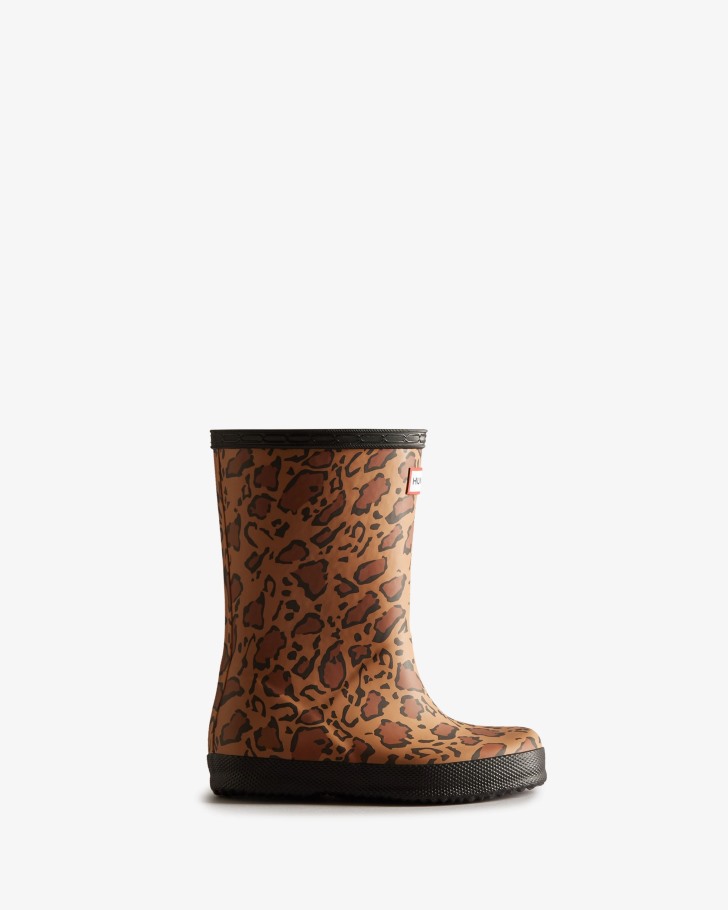 Hunter Kids First (18 Months-8 Years) Leopard Print Rain Boots Rich Tan-Saddle-Black