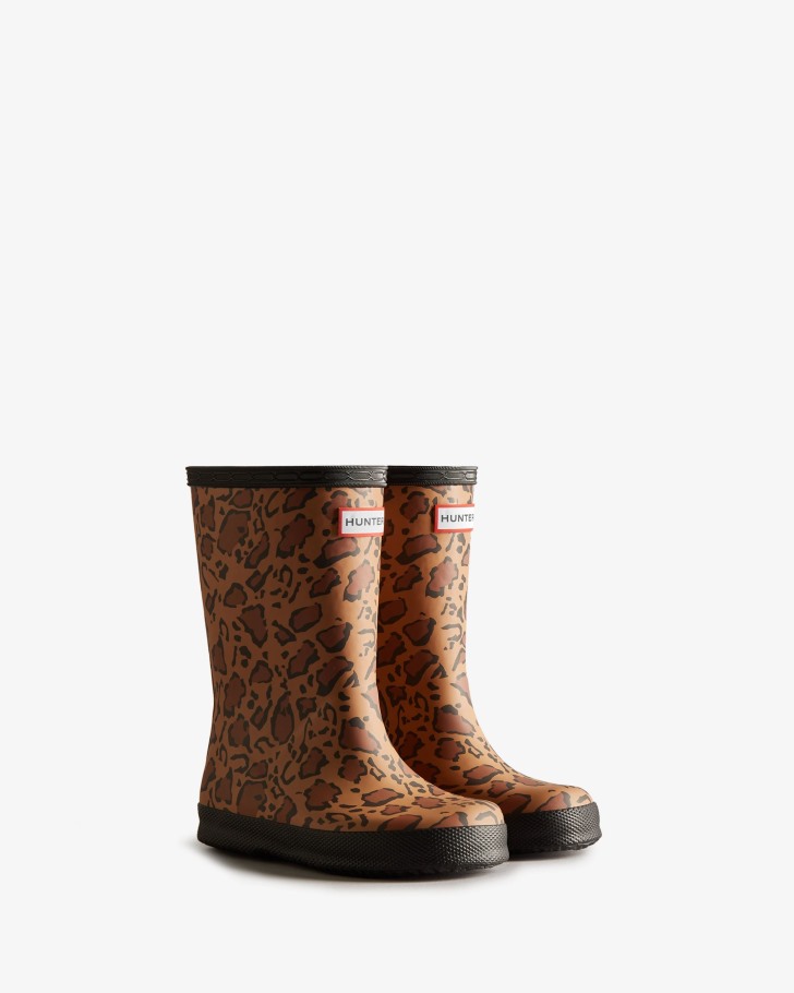 Hunter Kids First (18 Months-8 Years) Leopard Print Rain Boots Rich Tan-Saddle-Black